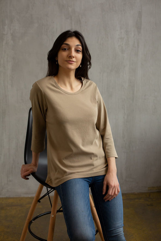 3/4 Sleeve Relaxed Tee - Tan - Long