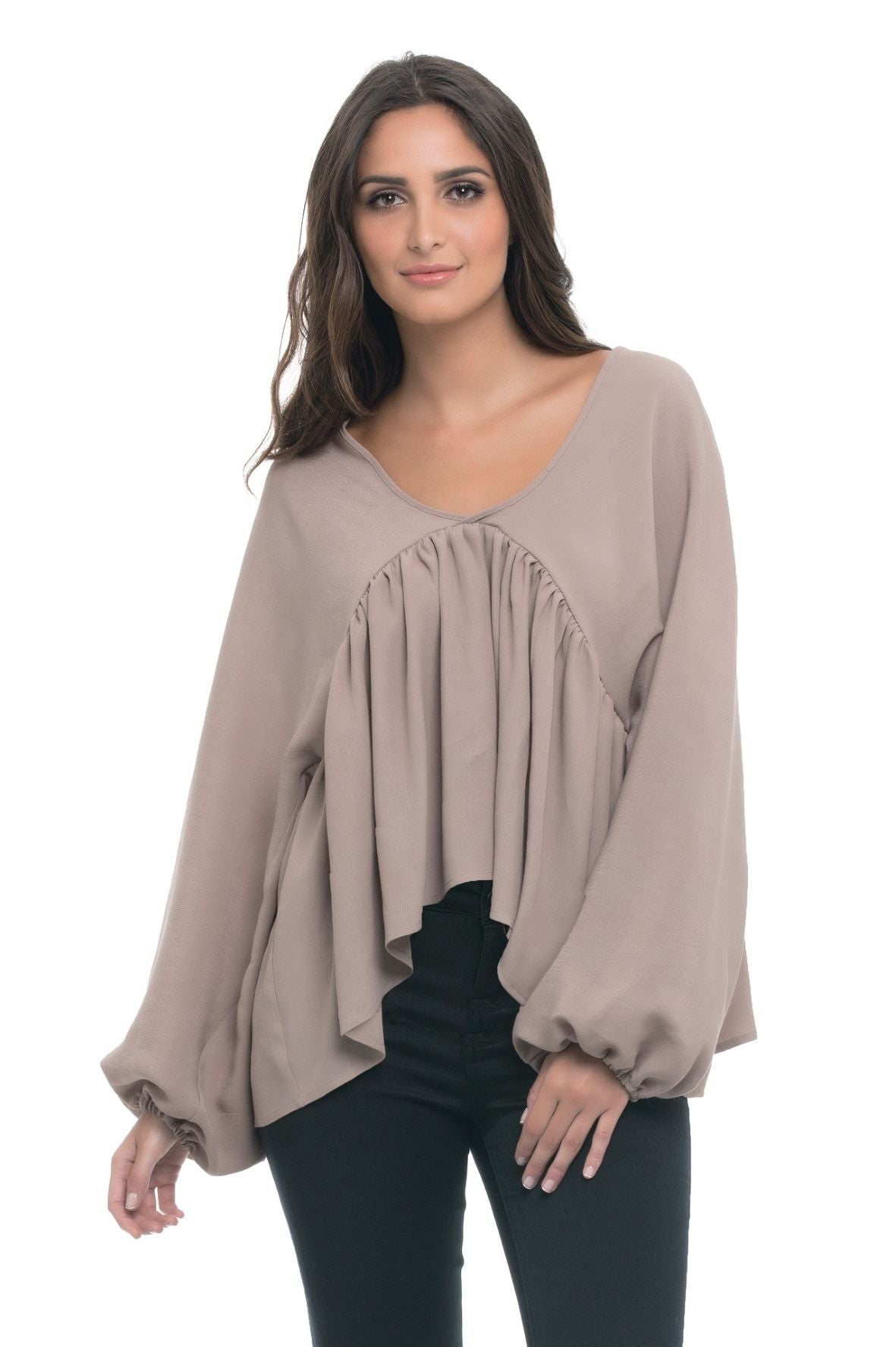 Blouson Sleeve Hi-Lo Sleeve Swing Top - Tan